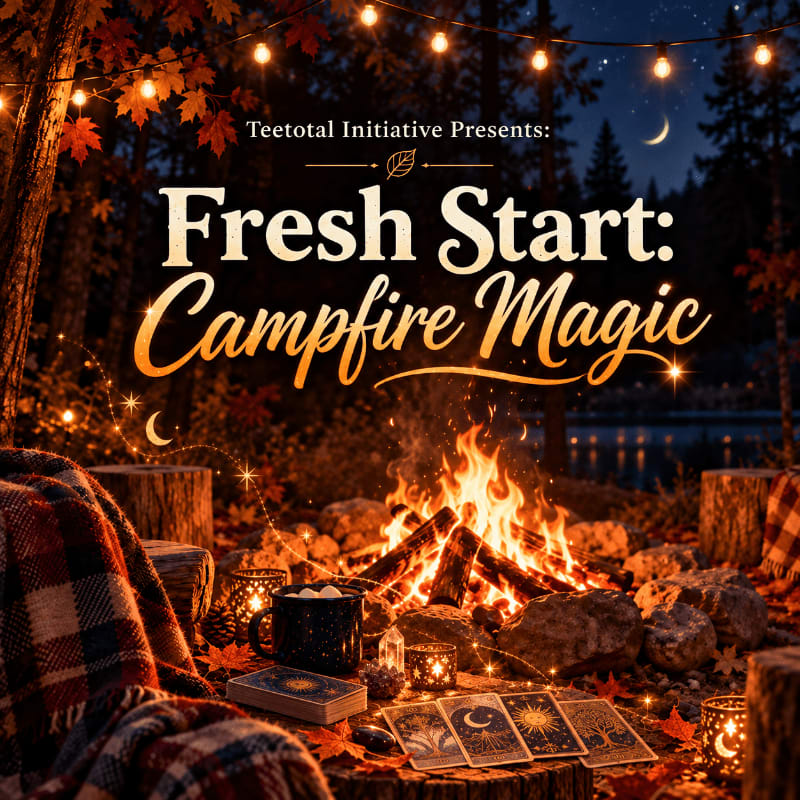 A cozy campfire scene with a plaid blanket, tarot cards, and mugs in the foreground, set against a nighttime forest background illuminated by string lights and a crescent moon.