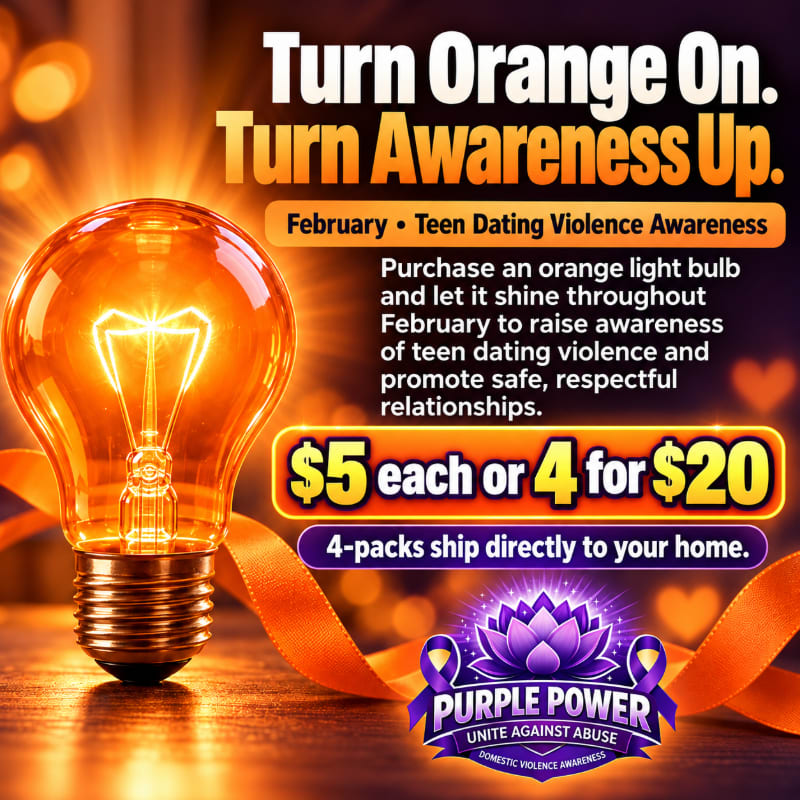 A glowing orange light bulb and ribbon sit in the foreground against a blurred background of warm lights and promotional text for Teen Dating Violence Awareness.