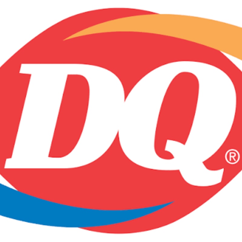 White "DQ" letters sit in the foreground against a red oval background accented with orange and blue swooshes.
