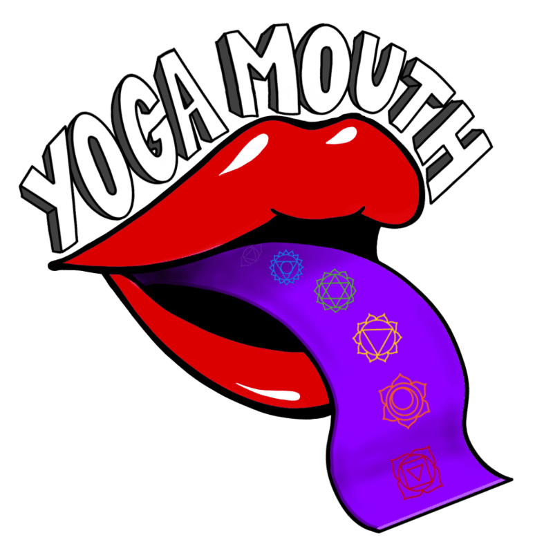 A pair of red lips with a purple tongue featuring chakra symbols is set against a white background with the text "YOGA MOUTH" arched above.