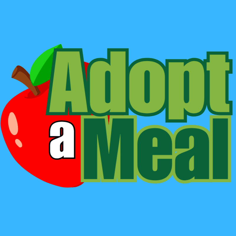A red apple and the green text "Adopt a Meal" are set against a solid blue background.