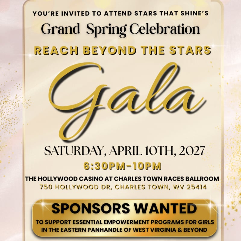 Gold and black event text for a "Grand Spring Celebration Gala" is set against a shimmering, light-colored background with gold glitter accents.