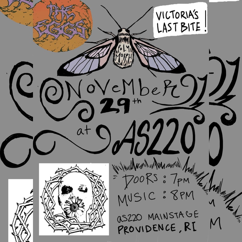 A moth and various gothic illustrations surround event text for a concert on November 29th at AS220 in Providence, RI, set against a grey background.