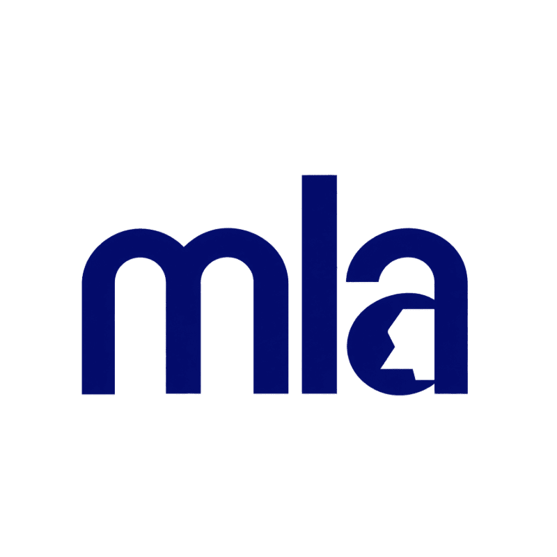 The lowercase letters "mla" in dark blue are centered against a plain white background.