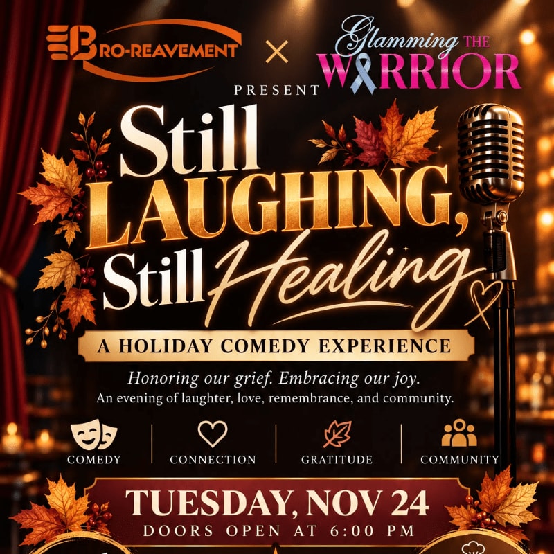 A promotional flyer for a holiday comedy experience features gold and white text and autumn leaves in the foreground against a dark stage background with a vintage microphone and red curtains.
