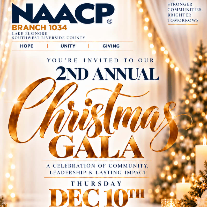 Gold and blue event text for the NAACP 2nd Annual Christmas Gala is layered over a blurred background of warm fairy lights and a decorated Christmas tree.