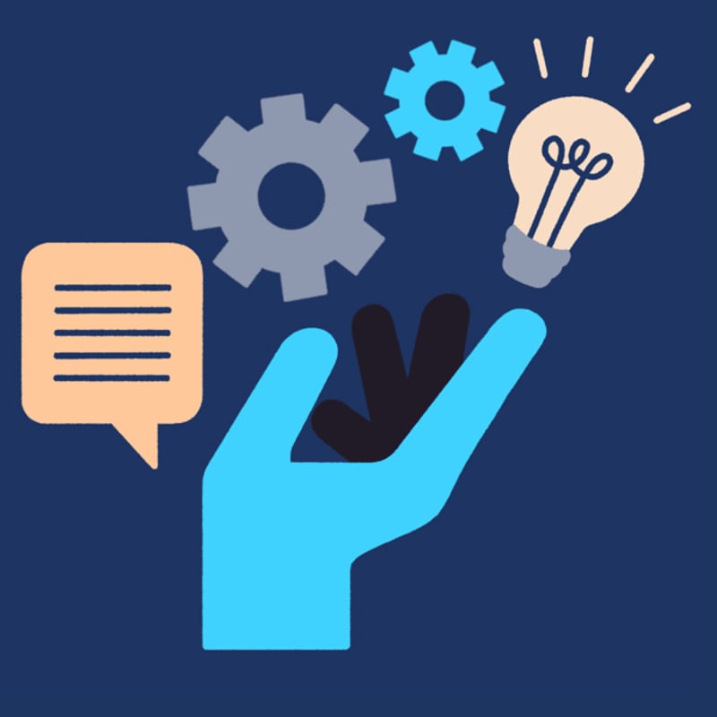 A light blue hand holds a speech bubble, gears, and a glowing light bulb against a dark blue background.