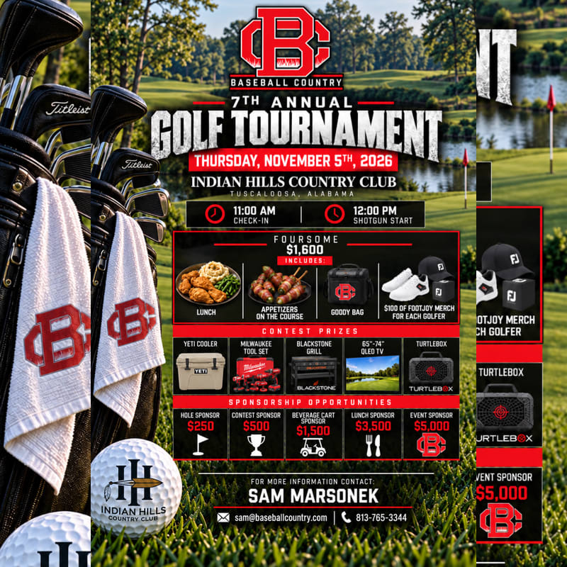 A promotional flyer for the 7th Annual Baseball Country Golf Tournament features golf clubs and balls in the foreground against a backdrop of a lush green golf course.