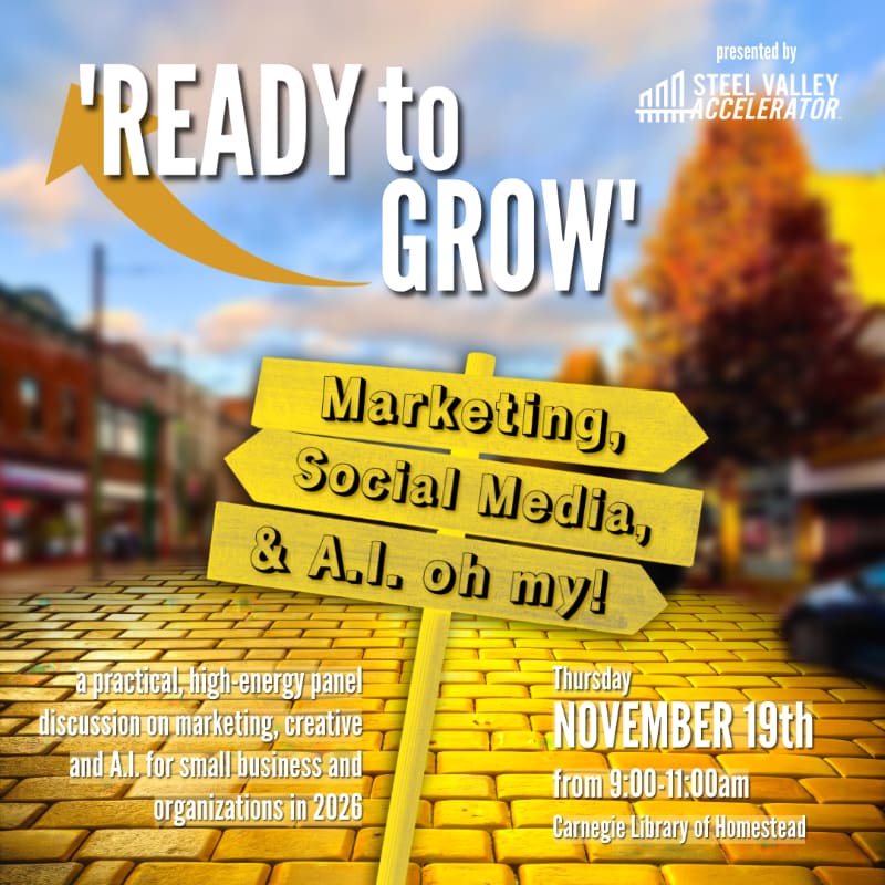 A yellow directional sign with text about marketing and AI stands in the foreground against a blurred background of a city street and autumn trees.