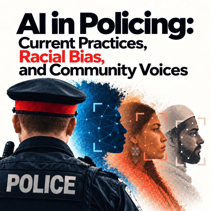 A police officer stands in the foreground facing three diverse profiles of people rendered in digital and artistic styles against a white background with bold text.