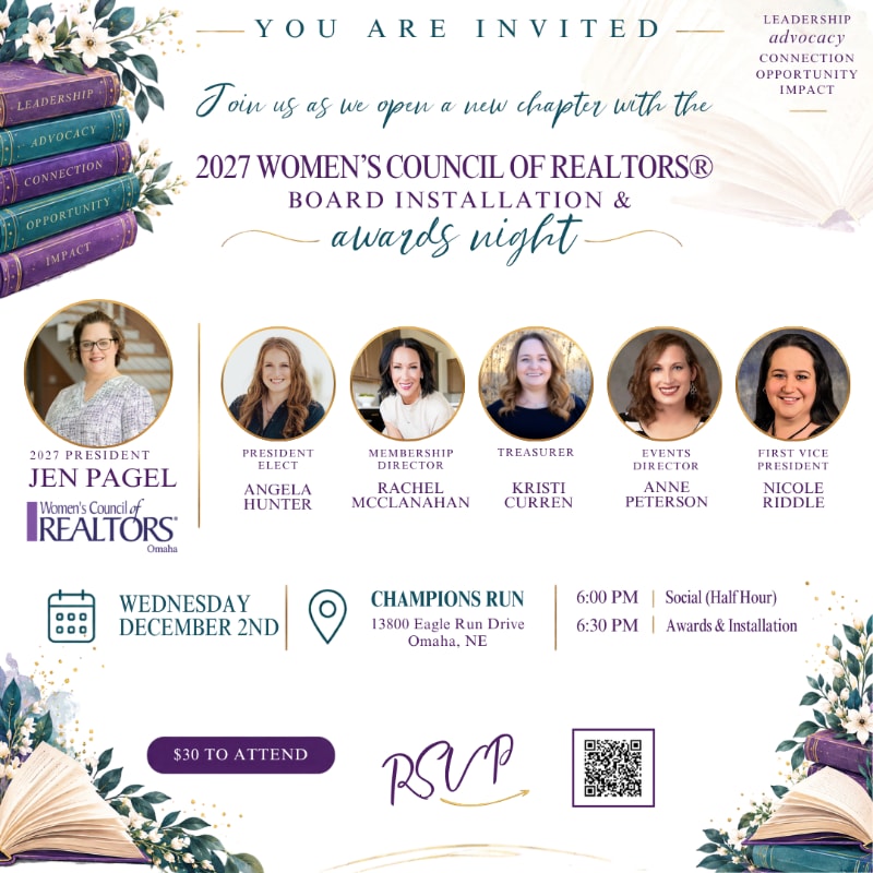 An invitation for the 2027 Women's Council of Realtors Board Installation and Awards Night features headshots of the board members in the center, set against a white background decorated with floral accents and books in the corners.