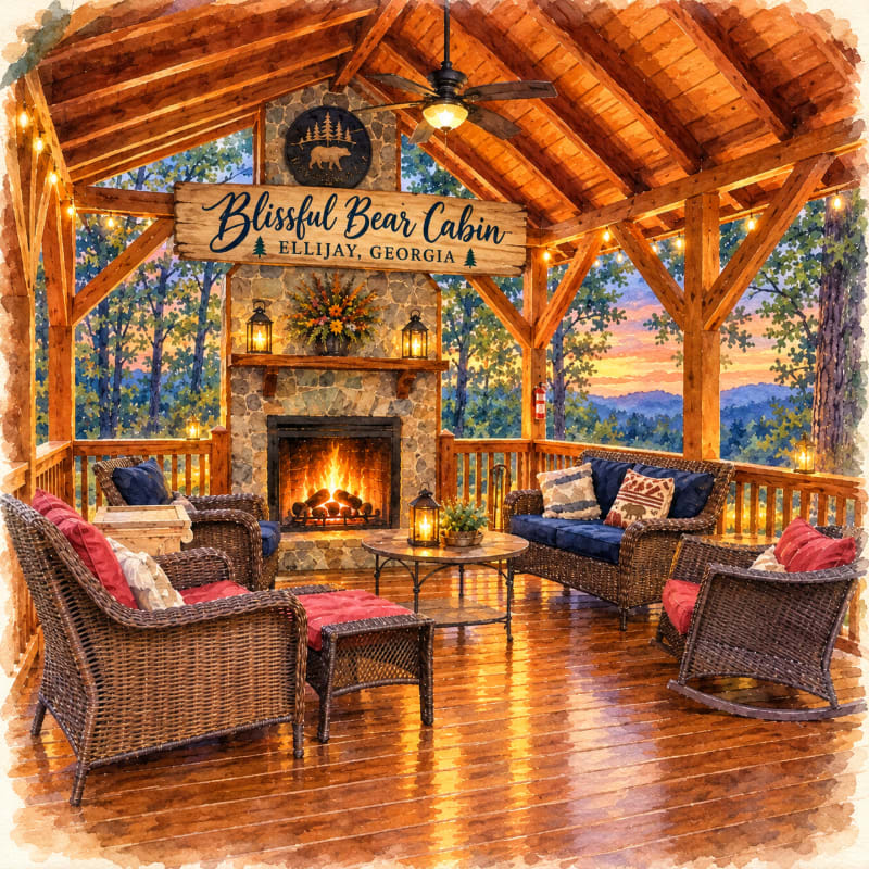 A cozy porch with wicker furniture and a roaring stone fireplace sits before a scenic mountain sunset.
