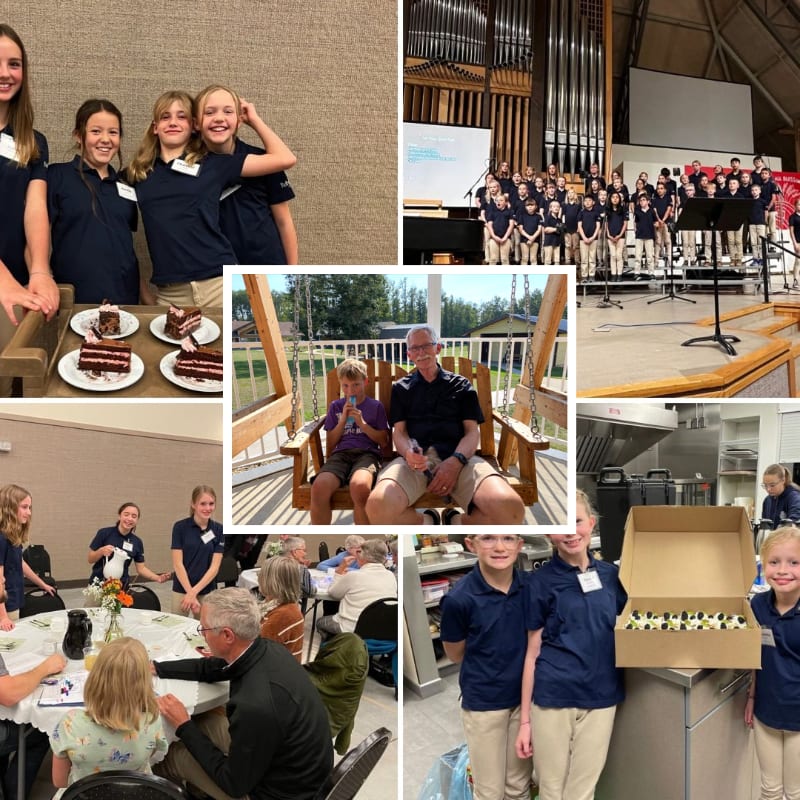 A collage of photos features students in blue uniforms posing with cake, performing in a church, sitting on a porch swing, and gathering around a table and a box of treats.
