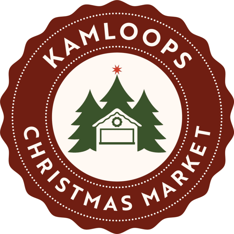 A circular maroon seal with the text "KAMLOOPS CHRISTMAS MARKET" surrounds a central white circle featuring green pine trees and a small market stall.