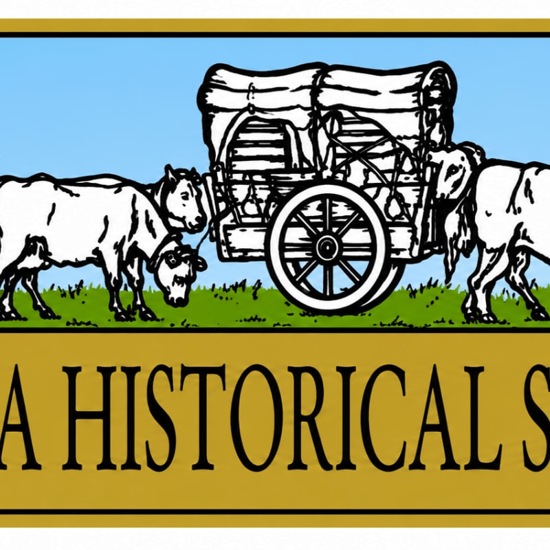 A covered wagon pulled by oxen stands on a green field against a clear blue sky.