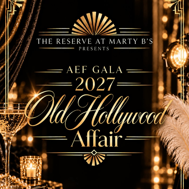 Gold Art Deco text for an "Old Hollywood Affair" gala is centered over a luxurious background featuring a champagne glass, pearls, and a spotlight.