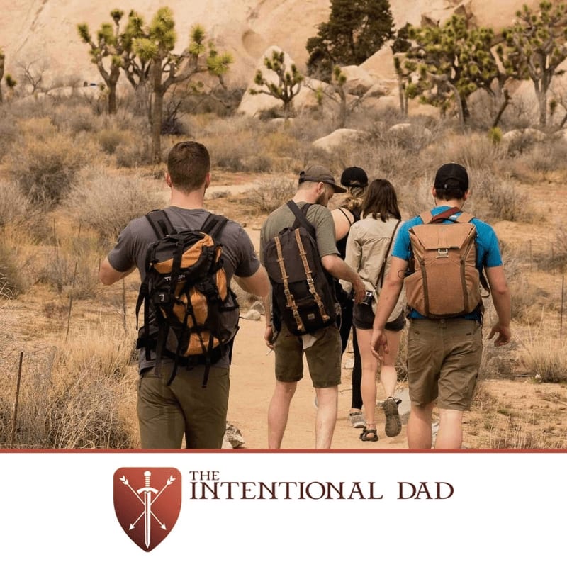 Four hikers with backpacks walk along a dirt path through a desert landscape filled with Joshua trees and rocky hills.