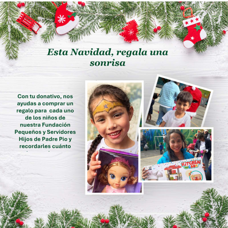 Photos of smiling children with toys are centered on a white wooden background framed by festive Christmas greenery and decorations.