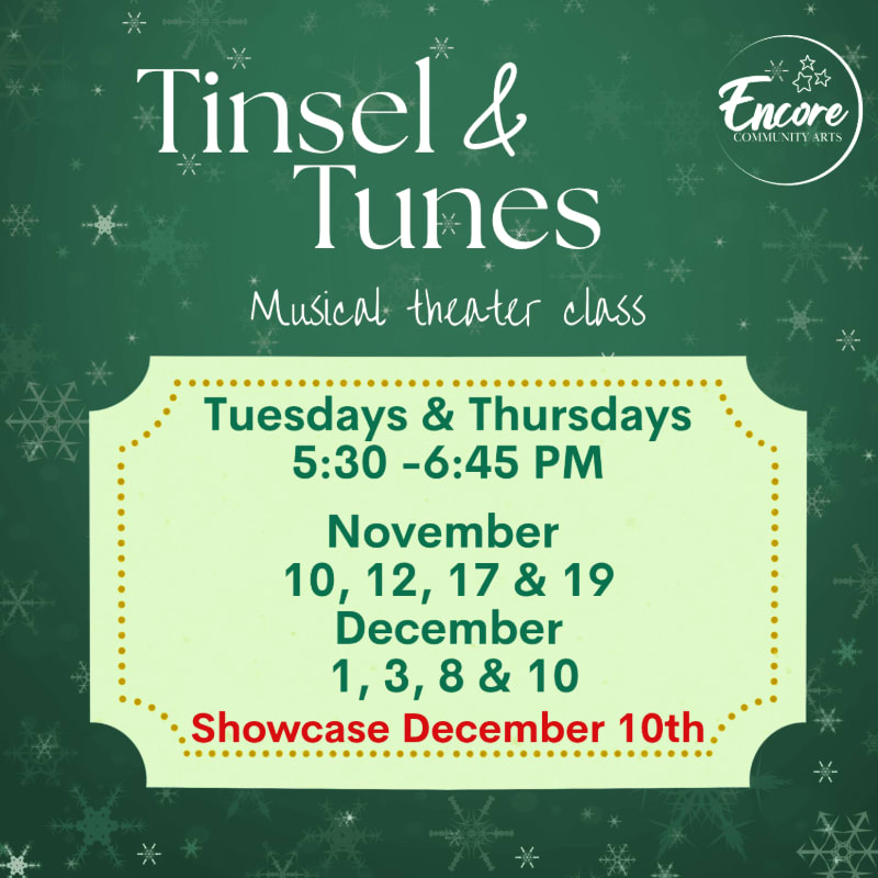 White text announcing a "Tinsel & Tunes" musical theater class sits atop a light green information box, all set against a dark green background decorated with snowflakes.
