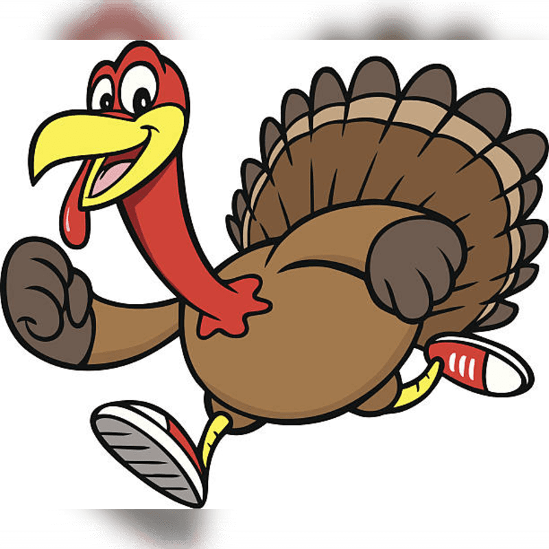 A cartoon turkey wearing sneakers runs across a plain white background.