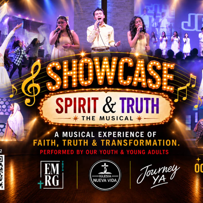 Three singers perform on a brightly lit stage behind a large, glowing "SHOWCASE" sign and event text, with a crowd and stage lights in the background.