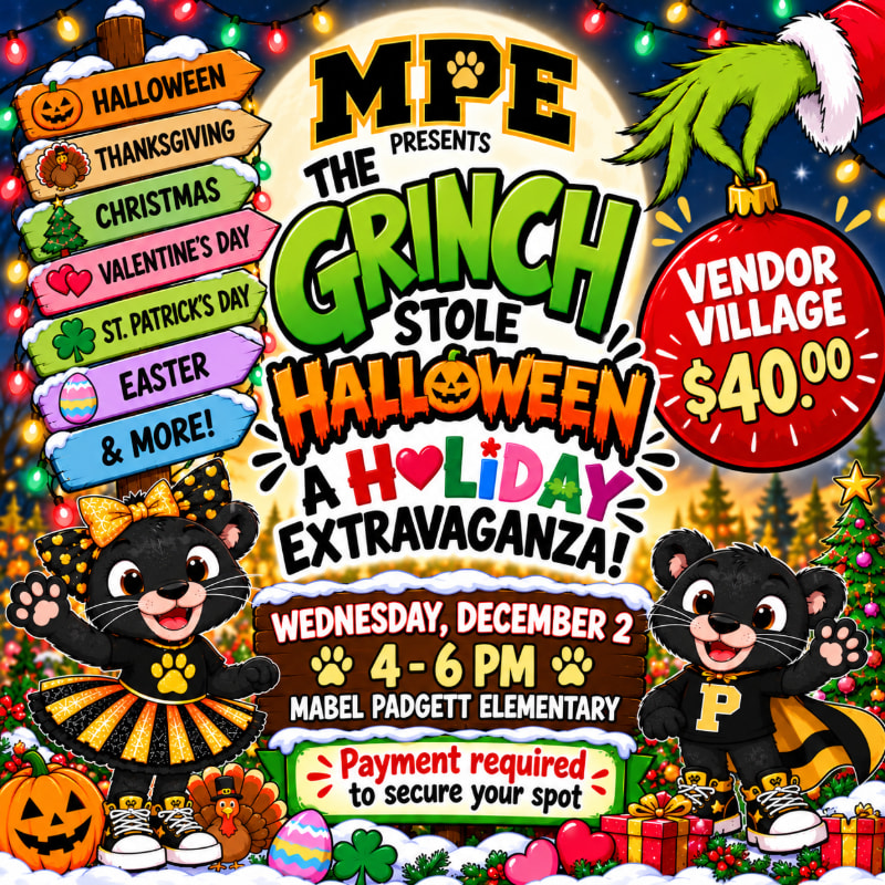 Two cartoon black cats flank a colorful event flyer for "The Grinch Stole Halloween" against a festive background of holiday lights, a full moon, and a snowy landscape.