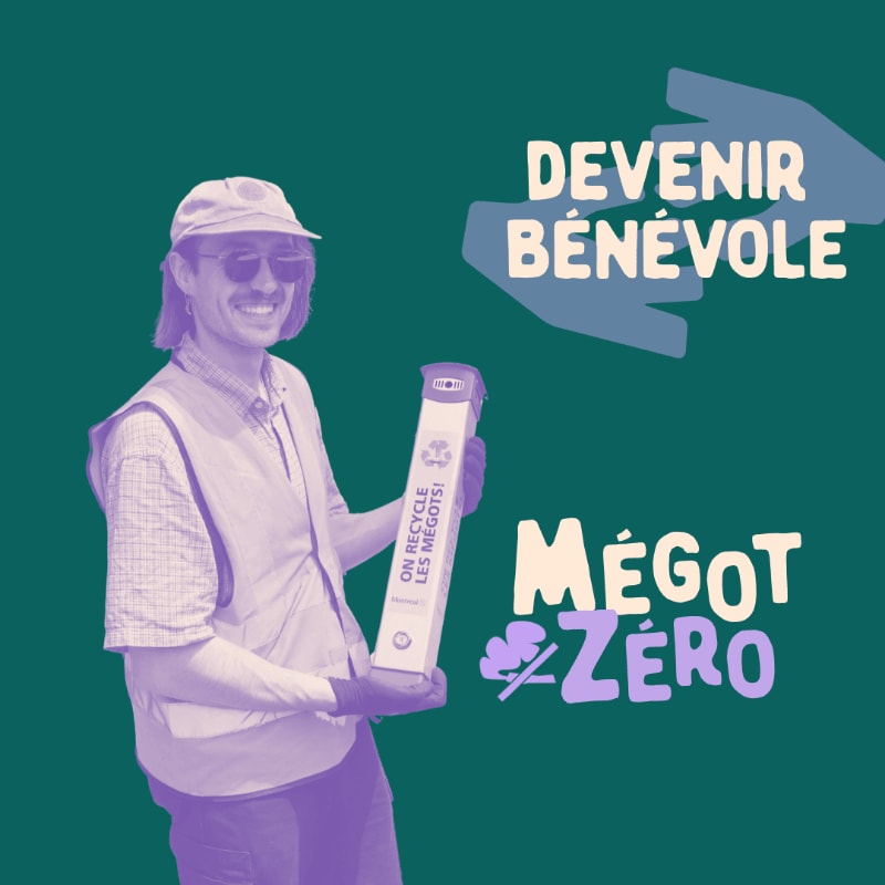 A man wearing a cap and vest holds a cigarette recycling tube against a dark green background with French text.