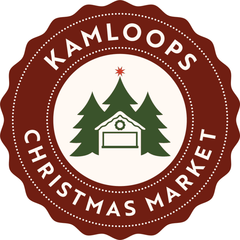 A circular maroon seal with the text "KAMLOOPS CHRISTMAS MARKET" surrounds a central white circle featuring green pine trees and a small market stall.