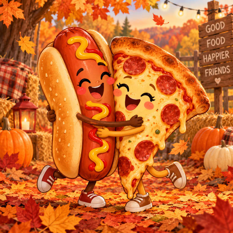 A cute anthropomorphic hot dog and pizza slice hug each other in a foreground of autumn leaves and pumpkins, with a cozy fall landscape and a wooden sign in the background.