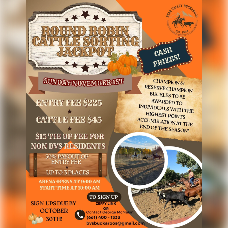 An event flyer for a cattle sorting jackpot features text and graphics in the foreground against an orange and brown background with photos of the arena.