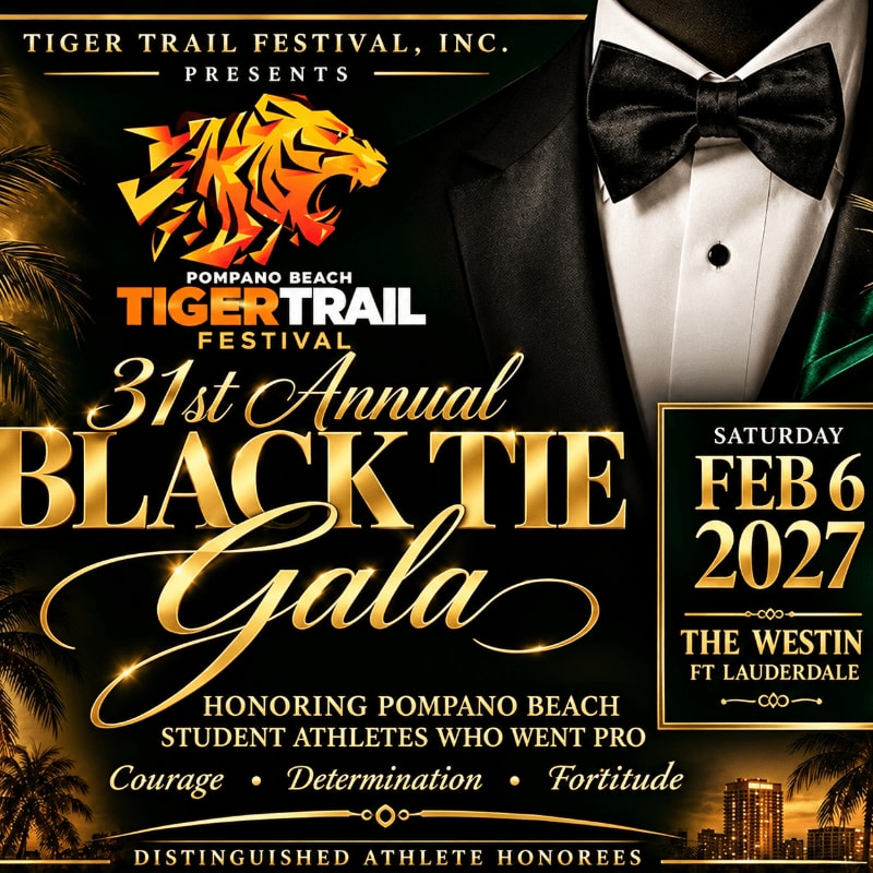 Gold and white text announcing the 31st Annual Black Tie Gala is layered over a foreground of a man in a tuxedo and a background featuring palm trees and a city skyline.