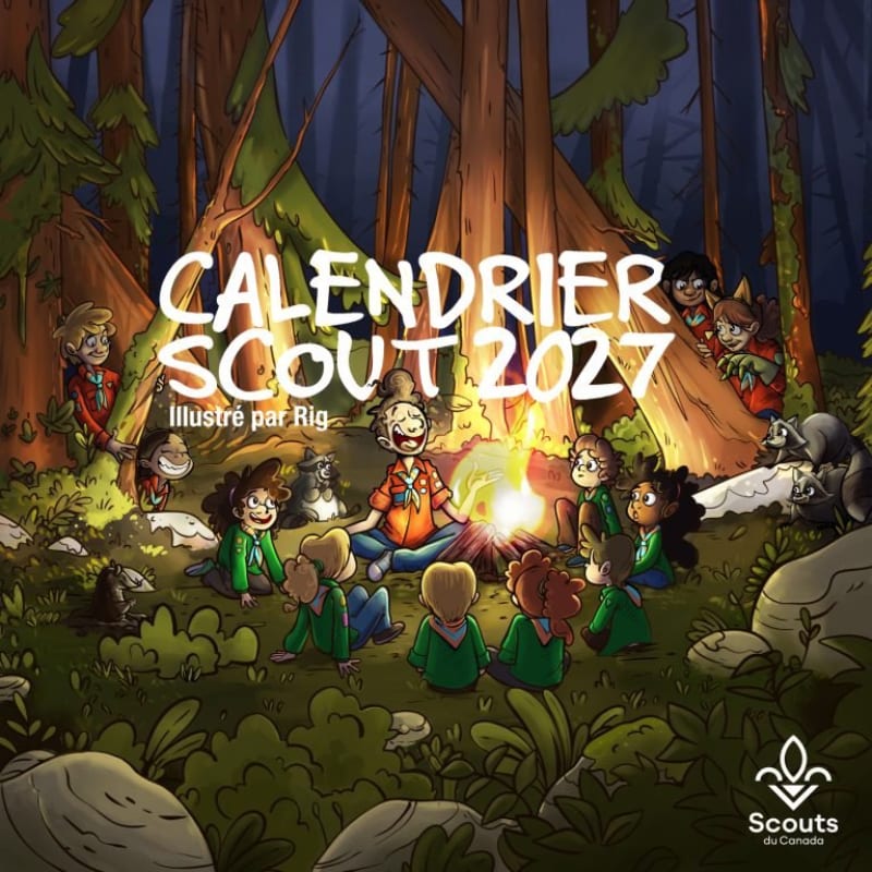 A group of scouts gathers around a campfire in the foreground, set against a backdrop of tall, dark forest trees.