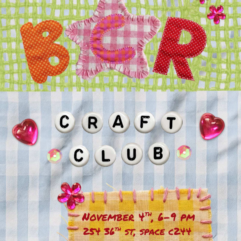Colorful fabric letters and buttons spelling "BCR CRAFT CLUB" sit atop a green and blue checkered background with a date and location note.