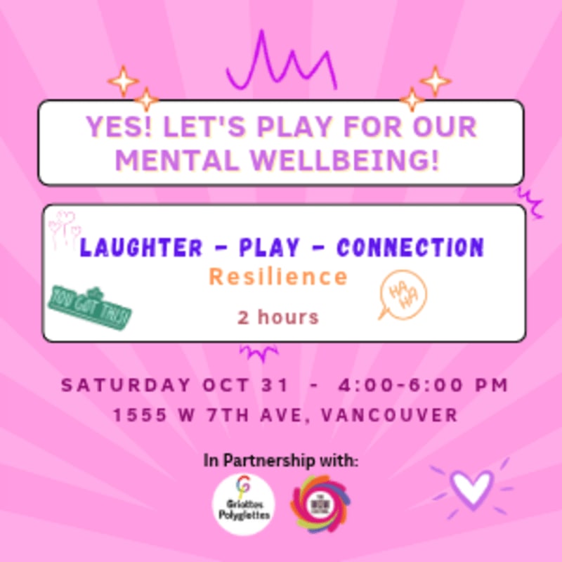 A promotional flyer with pink and purple text and graphics sits against a pink radial sunburst background.