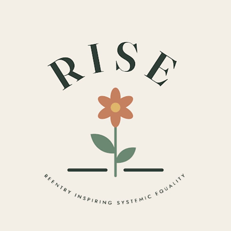 A stylized orange flower and the word "RISE" are centered against a plain, light beige background.