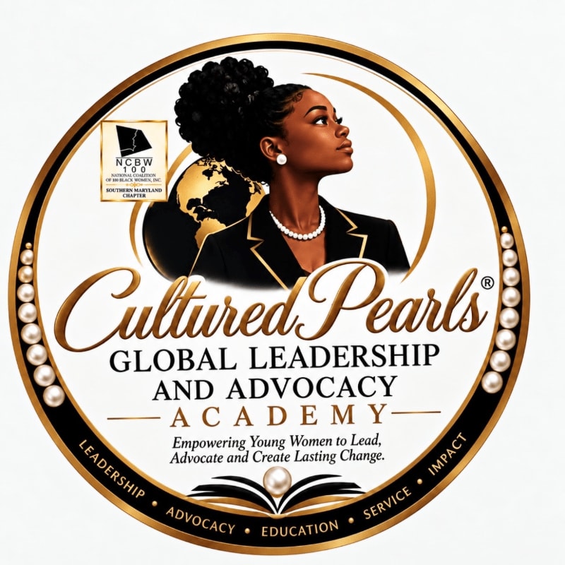 A circular logo features a young Black woman in professional attire against a backdrop of a globe, with the text "Cultured Pearls Global Leadership and Advocacy Academy" and a border of pearls.