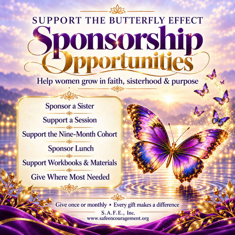 A large purple and gold butterfly and a list of sponsorship options are set against a glowing sunset over water.