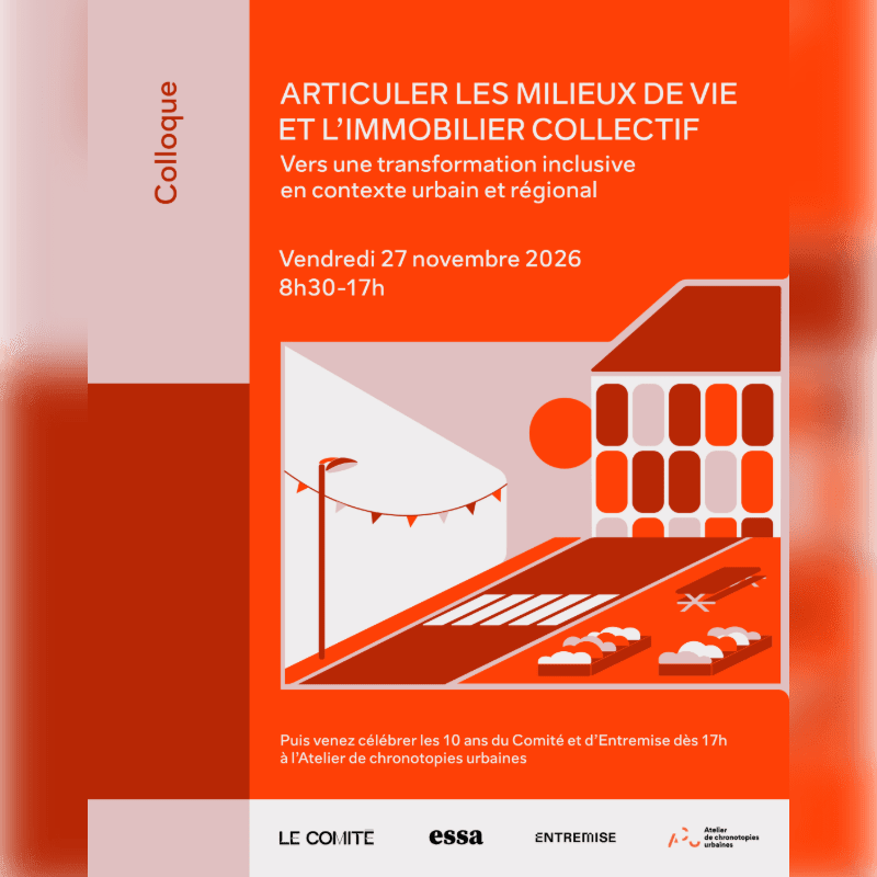 An orange and white event poster features text and a stylized illustration of a building and street in the foreground against a minimalist background.