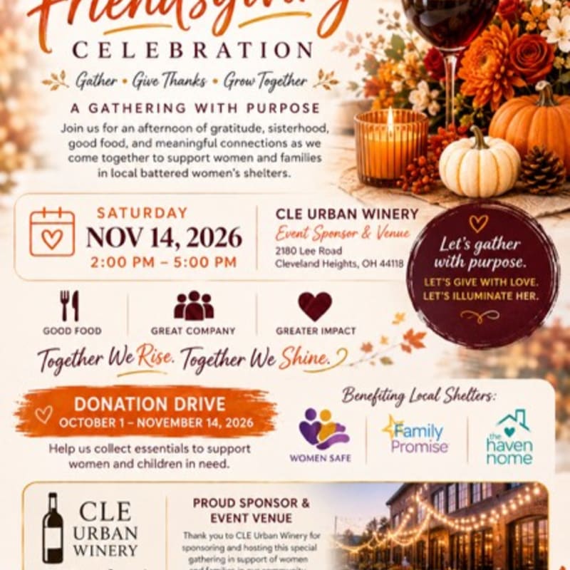 An event flyer for a Friendsgiving Celebration features autumn decorations and a wine glass in the upper right foreground against a white background with event details and sponsor logos.