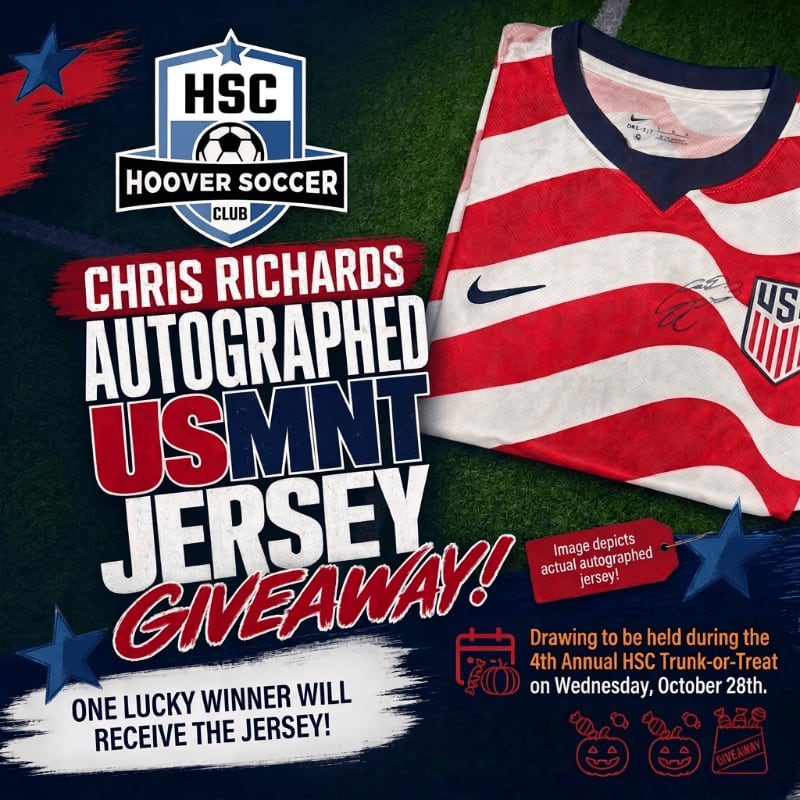A red and white striped autographed USMNT jersey and promotional text for a giveaway are set against a dark blue background with a soccer field and stars.
