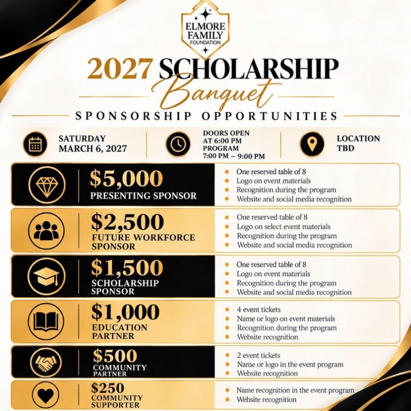 A sponsorship opportunities flyer for the 2027 Scholarship Banquet is centered against a white background with gold and black curved accents in the corners.