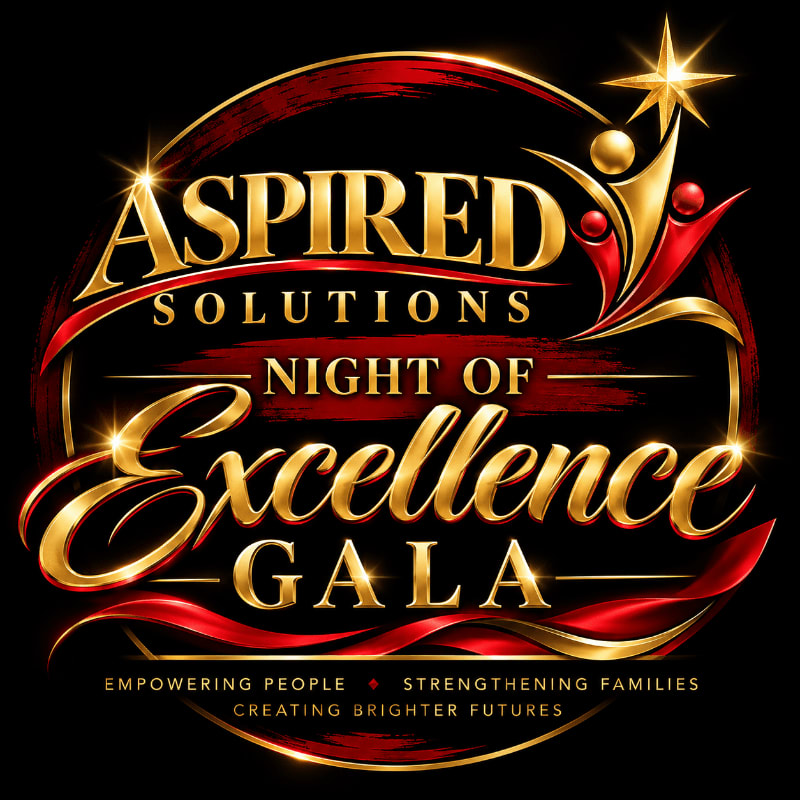 Gold and red stylized text for the "Aspired Solutions Night of Excellence Gala" sits in the foreground against a dark, circular background accented with a shining star and abstract figures.