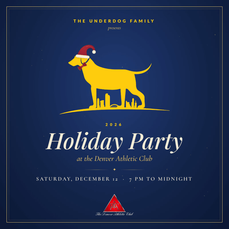 A yellow dog wearing a Santa hat stands in the foreground against a dark blue background featuring event text for a 2026 Holiday Party.
