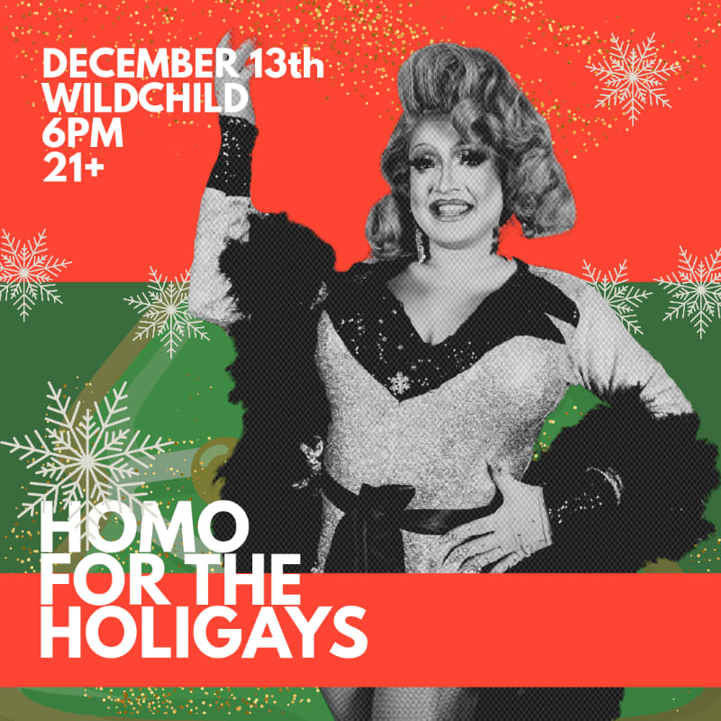 A drag queen in a sparkling outfit poses in the foreground against a red and green background decorated with snowflakes and event text.