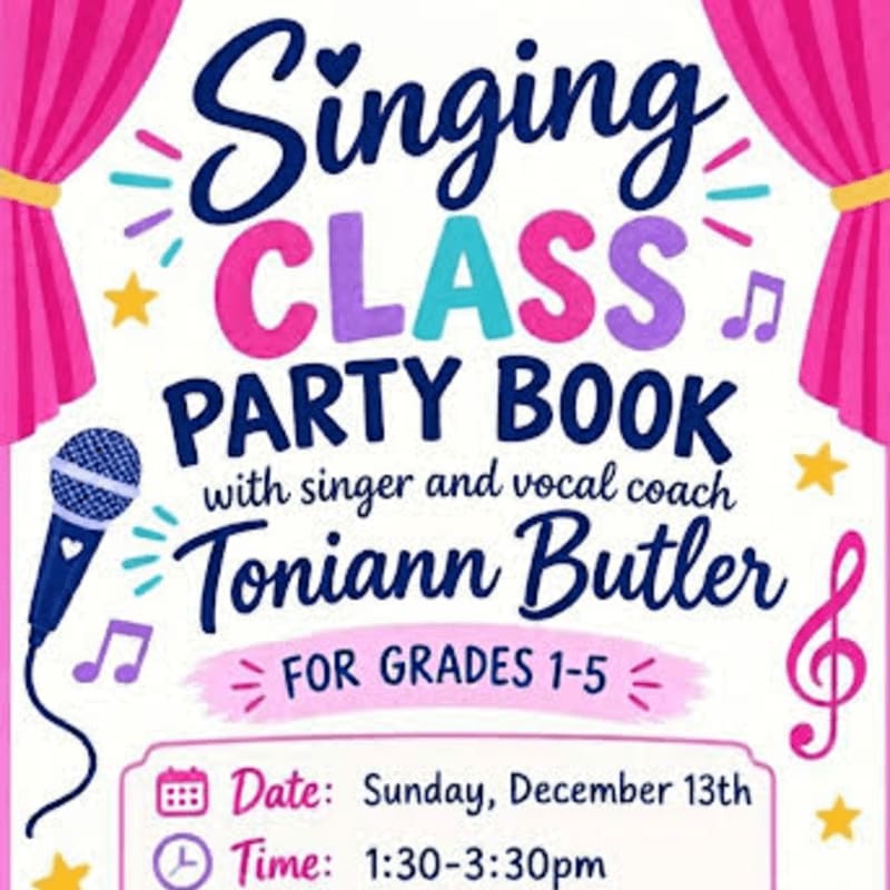 Colorful text advertising a singing class party book is centered in the foreground, framed by pink curtains and musical symbols against a white background.