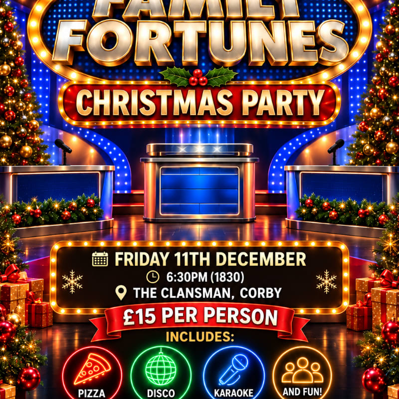 A promotional flyer for a "Family Fortunes Christmas Party" features event details and activity icons in the foreground against a backdrop of a game show set flanked by decorated Christmas trees.