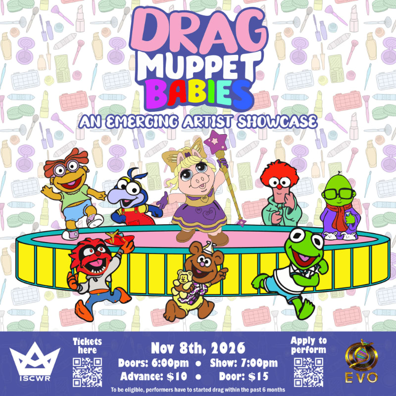 Colorful Muppet characters pose on and around a circular stage against a light-colored background filled with makeup and beauty tool illustrations.