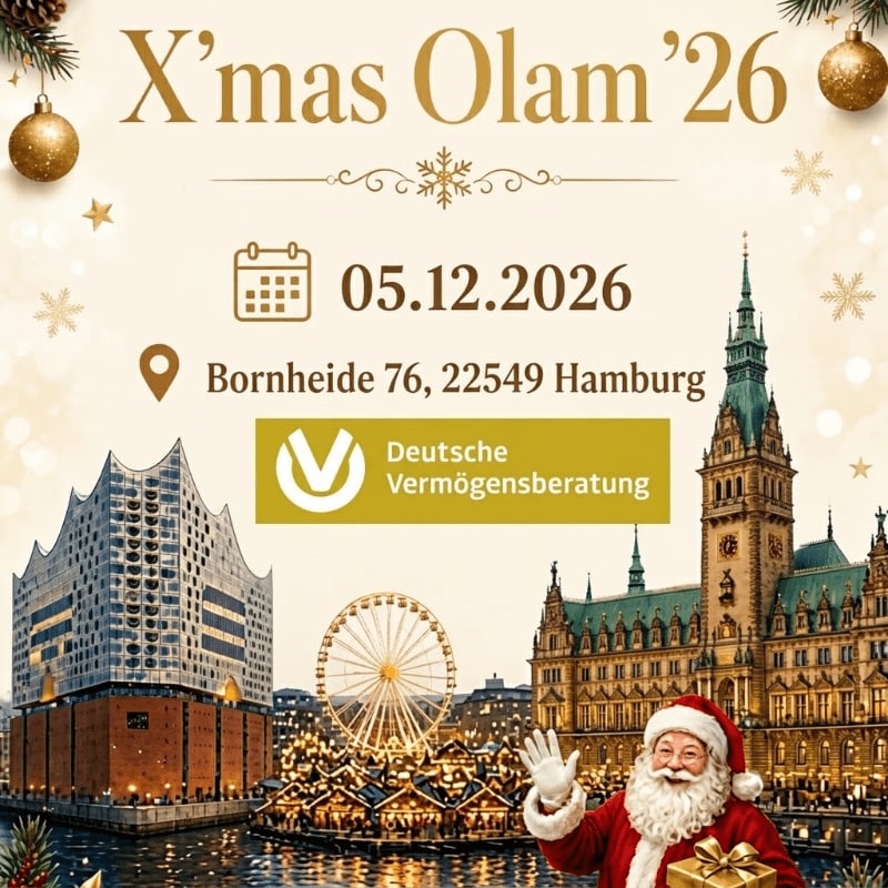 Santa Claus and a gift are in the foreground, set against a background of Hamburg's skyline, a Ferris wheel, and event text.