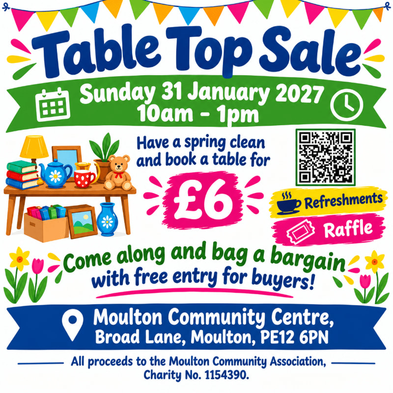 A colorful promotional flyer for a Table Top Sale features a table of household items in the foreground against a white background with bright banners and event details.