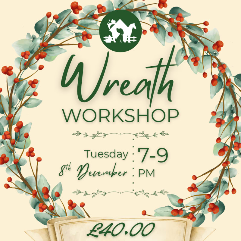 A festive wreath of green leaves and red berries frames text for a "Wreath Workshop" on a pale cream background.